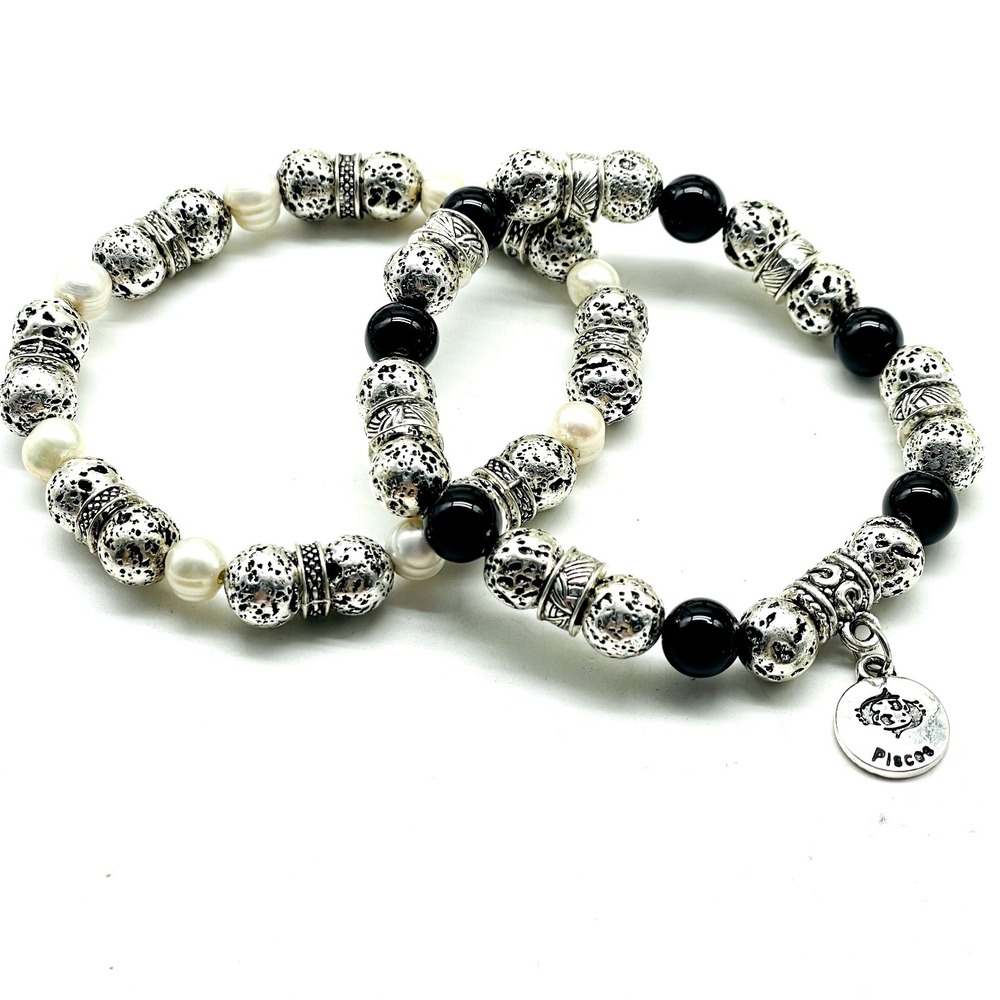 Beaded Stretch Bracelets Lot of 2 Black White Beads Pisces Charm Boho Festival